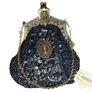 BEADED ORNATE Rhinestones Evening Clutch Navy blue Antique Bronze Frame & chain